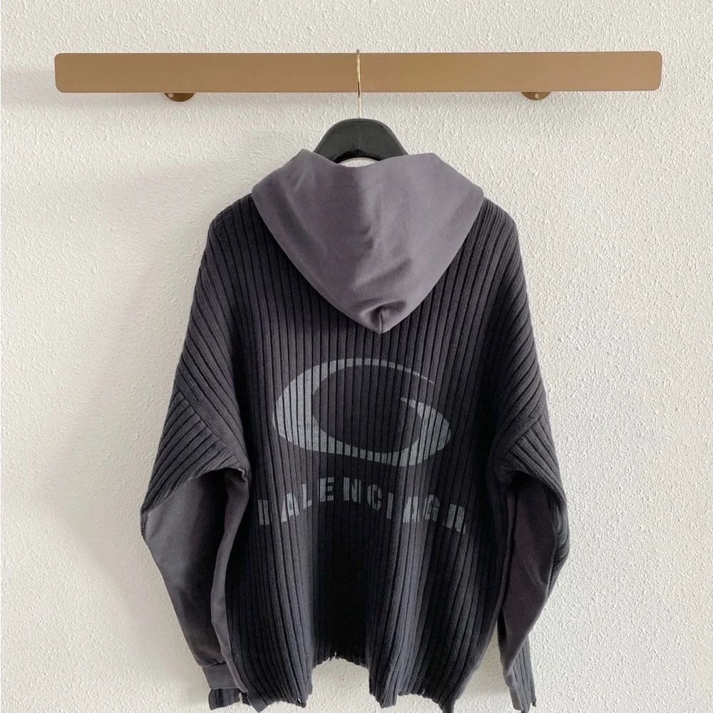 Balenciaga Black Ribbed Crewneck Sweater with Gray Logo Hood
